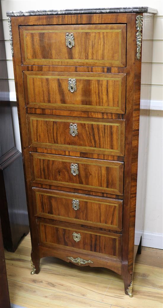 A 19th century Louis XVI style marble topped 7 drawer semmanier W.56cm